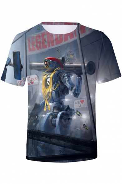 Robot Character Printed Short Sleeve Grey T-Shirt