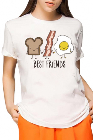 Lovely Cartoon Egg Letter BEST FRIENDS Print Short Sleeve Basic White T-Shirt