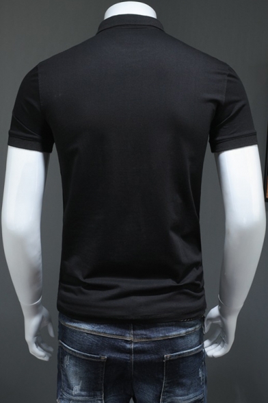 Men's Fashion Abstract Figure Print Basic Short Sleeve Cotton Fitted Black Business Polo