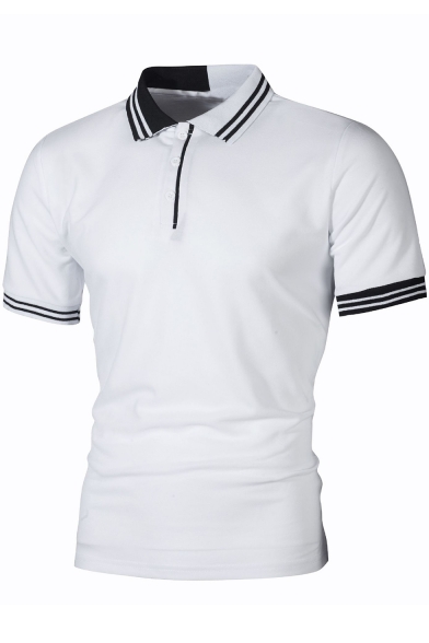 Men's Simple Striped Trim Contrast Collar Three-Button Casual Polo Shirt