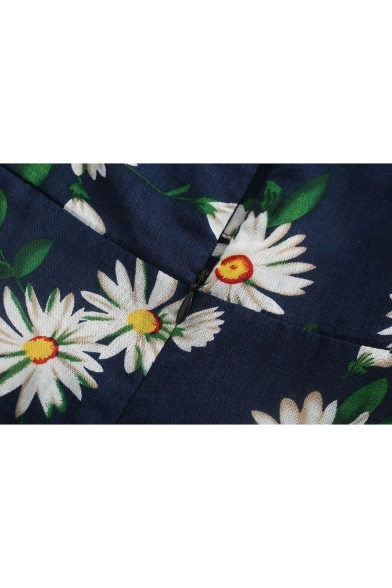 Sexy Cutout Waist Bow-Tied Front Summer Floral Print Navy Mini Slip Dress