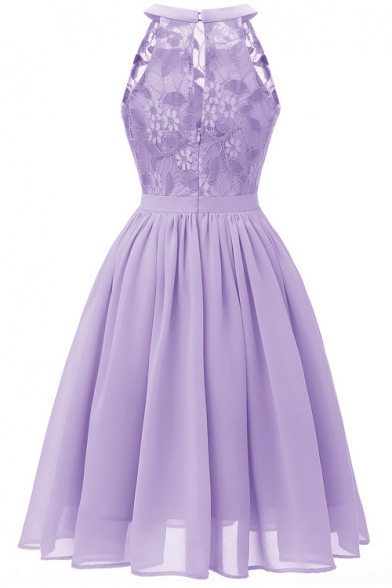 Sexy Lace-Panelled Sleeveless Midi A-Line Chiffon Dress Evening Dress for Women