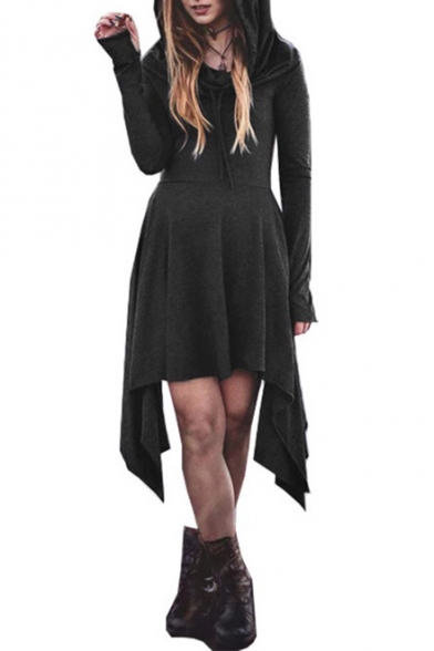 Simple Plain Fashion Long Sleeve Asymmetrical Hem A-Line Hoodie Dress