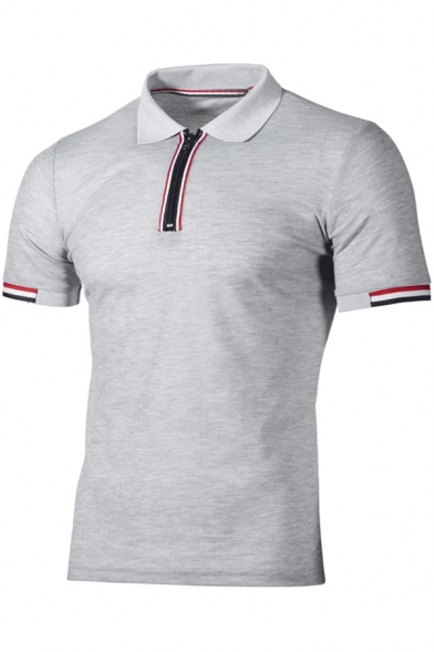 Simple Striped Trim Short Sleeve Half-Zip Collar Men's Regular Fit Polo Shirt