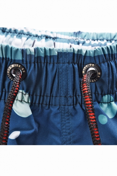 Summer Fashion Tropical Fish Printed Drawstring Waist Quick-Dry Blue Swim Trunks for Men