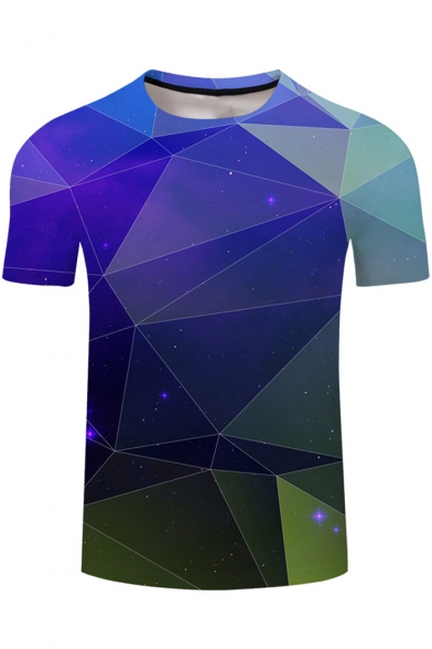 Trendy 3D Blue Geometric Printed Short Sleeve Basic T-Shirt