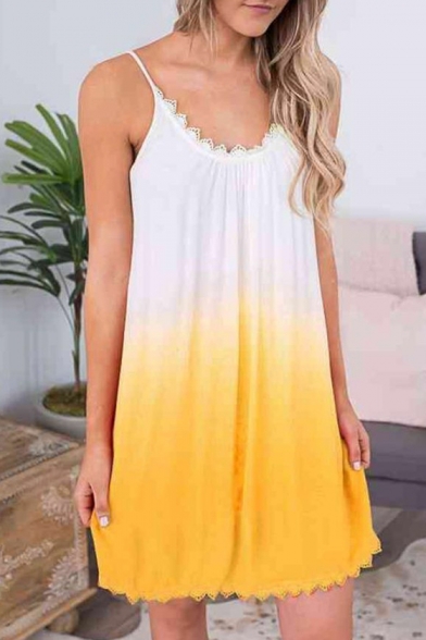 Trendy Ombre Two-Tone Lace-Trimmed Mini Loose Swing Cami Dress