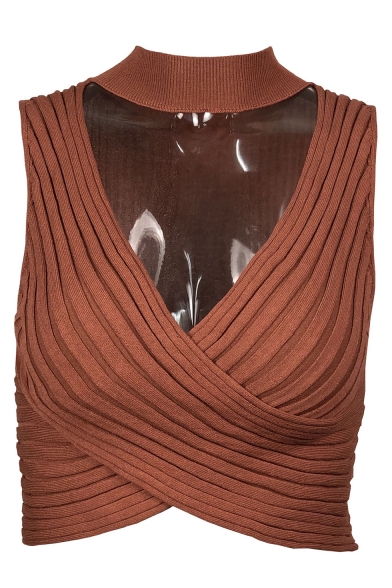 Women's Sexy Plunge V-Neck Sleeveless Plain Rib Knit Cropped Slim Tank Top with Choker
