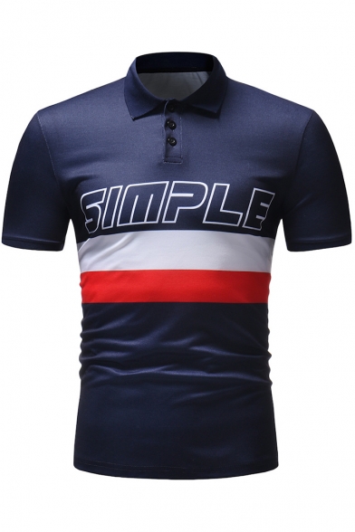 Basic Letter SIMPLE Print Colorblocked Short Sleeve Three-Button Fashion Polo for Men
