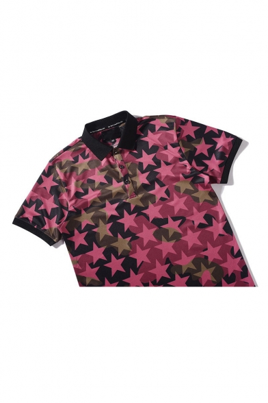 Creative Red Star Printed Three-Button Short Sleeve Classic Fit Polo Shirt for Men