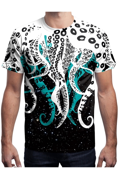 Crewneck Short Sleeve Fashion 3D Octopus Printed White Basic T-Shirt