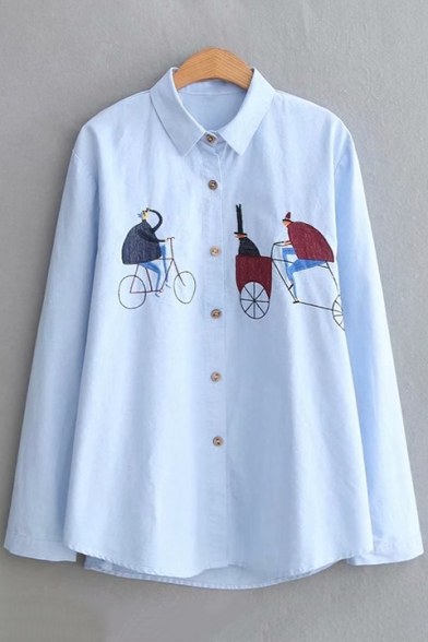 Cute Cartoon Bike Embroidery Basic Long Sleeve Loose Fit Button Down Shirt