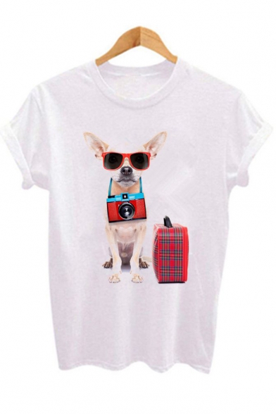 Funny Cool Sunglasses Dog with Baggage Print Short Sleeve Relaxed T-Shirt