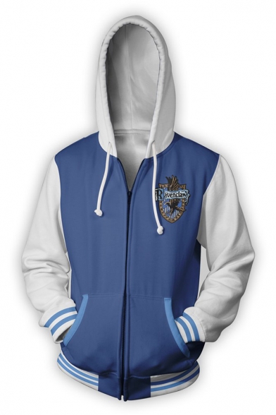 Harry Potter University Badge Print Cosplay Costume Long Sleeve Blue Zip Up Hoodie