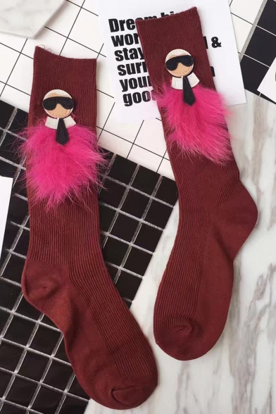 Funny Cartoon Patched Fox Fur-Embellished Knit Socks