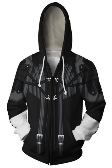Kingdom Hearts Cosplay Costume Long Sleeve Black Fitted Zip Up Drawstring Hoodie