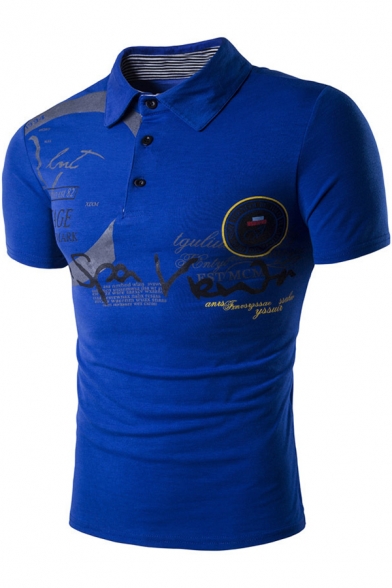 Men's Stylish Letter Printed Short Sleeve Three-Button Slim Fit Polo Top