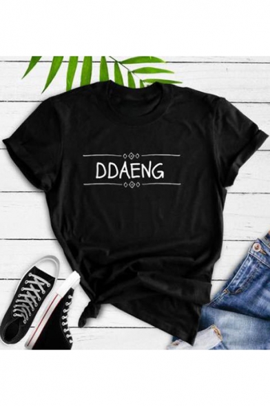 New Stylish Letter DDAENG Print Street Style Black Short Sleeve T-Shirt