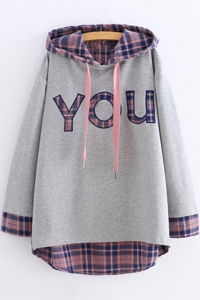 Simple Letter YOU Plaid Patchwork Long Sleeve Loose Relaxed Hoodie