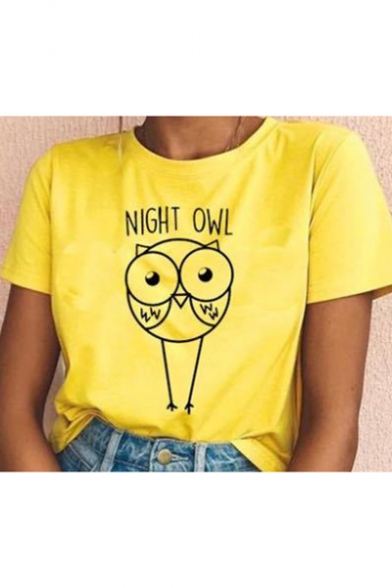 Street Fashion Night Owl Pattern Basic Short Sleeve Yellow T-Shirt
