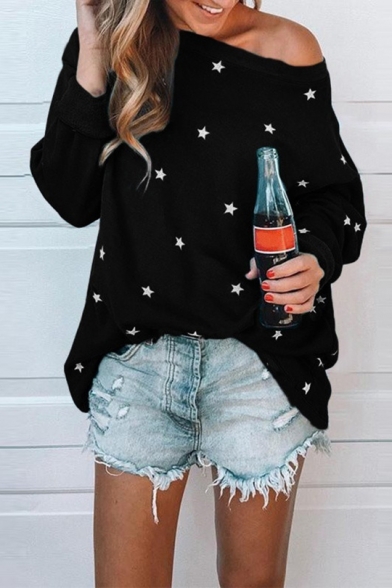 Street Style Fashion Star Printed One Shoulder Long Sleeve T-Shirt
