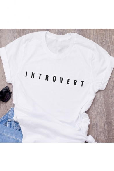 Street Style Simple Letter INTROVERT Printed Short Sleeve Round Neck White T-Shirt