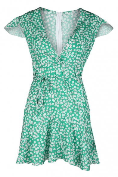 Summer Retro Floral Printed V-Neck Bow-Tied Waist Mini A-Line Tea Dress