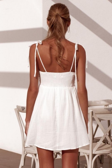 Summer Simple Plain Bow-Tied Straps White Mini A-Line Cami Dress