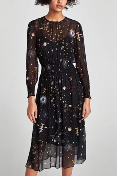 Trendy Galaxy Graffiti Round Neck Long Sleeve Midi Pleated Black A-Line Dress with Liner