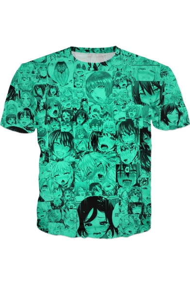 3D Comic Anime Ahegao Character Printed Short Sleeve Crewneck Summer T-Shirt