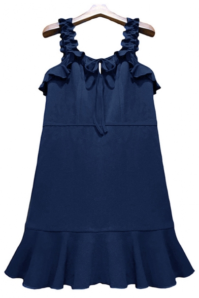 Chic Ruffled Hem Strap Bow-Tied Front Simple Plain Mini A-Line Cami Dress