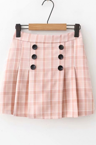 Classic Check Printed High Waist Double-Breasted Mini A-Line Skirt