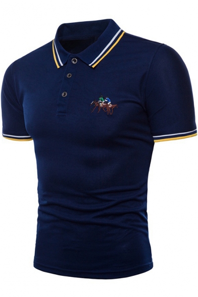Contrast Rib Collar Tipped Short Sleeve Slim Fitted Cotton Embroidered Horse Logo Polo for Men