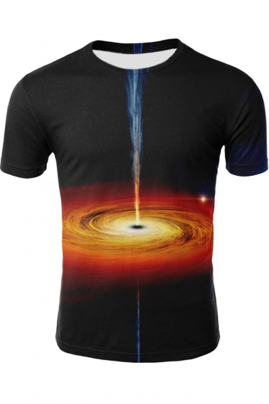 Cool Unique 3D Universe Galaxy Print Round Neck Black T-Shirt