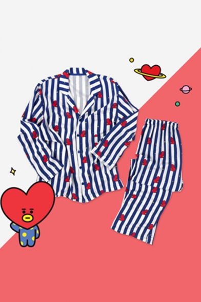 Kpop BT21 ARMY Cartoon Heart Striped Printed Blue Pajamas