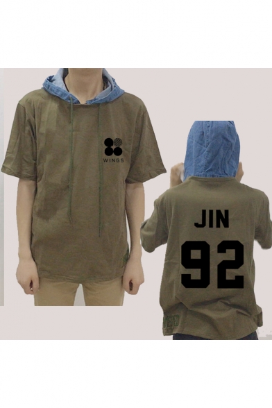 Kpop Fashion Denim Patched Short Sleeve Drawstring Hooded T-Shirt in Army Green