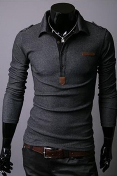 Men's Slim Fitted Fashion Patched Long Sleeve Polo Shirt