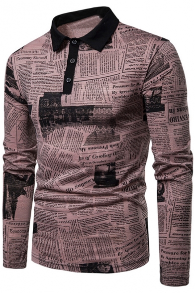 New Fashion Retro Newspaper Printed Three-Button Long Sleeve Men's Polo Shirt