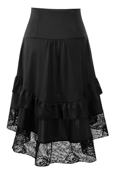 New Trendy Double-Breasted Front Lace-Trimmed Retro Ruffled Midi A-Line Skirt