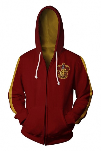 Popular Harry Potter Badge Print Chest Colorblocked Red Zip Up Hoodie