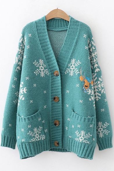 

Snowflake Deer Print Long Sleeve V-Neck Button Front Casual Cardigan, Green;red;beige