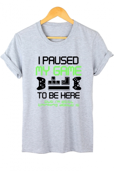 Stylish Letter I PAUSED MY GAME TO BE HERE Game Console Pattern Cotton Short Sleeve Graphic Tee