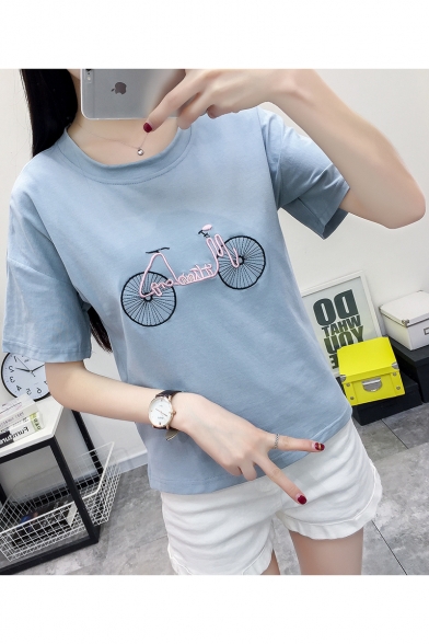 Summer Cute Letter Bike Embroidery Round Neck Relaxed T-Shirt