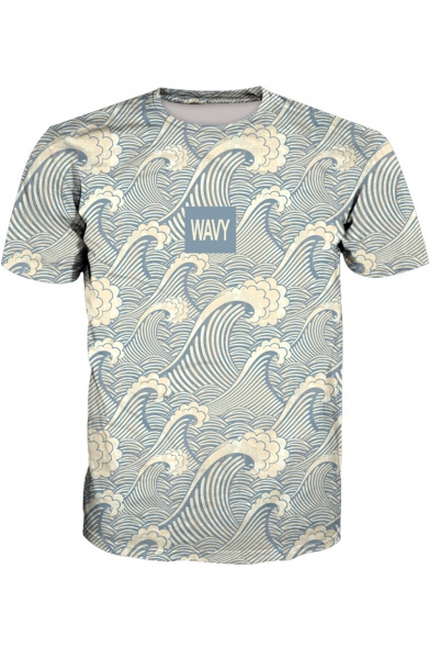 Summer Retro Simple Letter WAVY Wave Printed Short Sleeve Basic T-Shirt