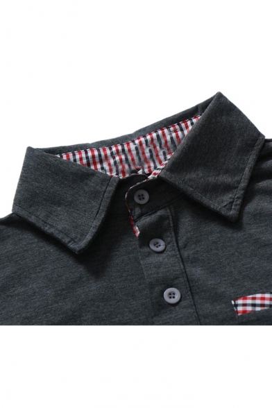 Trendy Plaid Patched One Pocket Long Sleeve Men's Slim Fit Polo Shirt