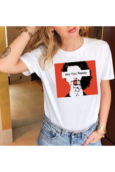 ARE YOU READY Graphic Print Basic Short Sleeve White T-Shirt