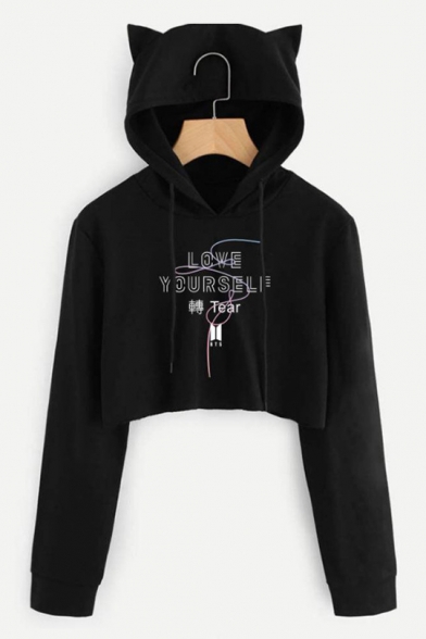 LOVE YOURSELF Letter Long Sleeve Ear Design Black Cropped Hoodie