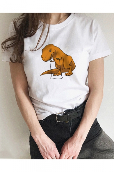 Cartoon Dinosaur Printed Short Sleeve Round Neck Cotton T-Shirt