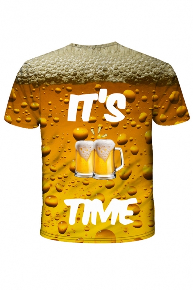 Cool 3D Beer Bubble Letter IT'S TIME Print Basic Yellow T-Shirt