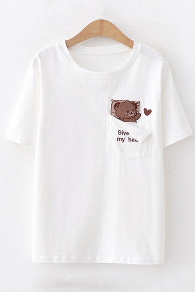 Cute Bear Letter GIVE MY HEART Embroidered Pocket Patched Short Sleeve Loose Fit T-Shirt